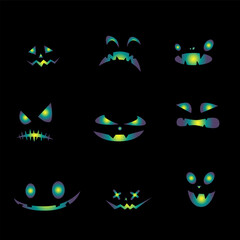 Wall Mural - Funny halloween collection pumpkin lantern set isolated on black background. Funny face expressions. Vector illustration.	