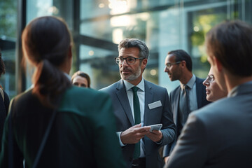 Wall Mural - Business, lifestyle concept. Executive man speaking to group of people in office. Business man surrounded with colleagues employees listening speech. Generative AI