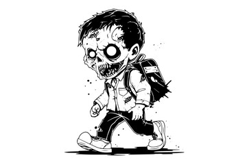 Canvas Print - Zombie with a backpack hand drawn ink sketch. Vector illustration in engraving style