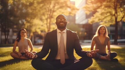 Businessman meditating in urban city park after day at work with diverse colleagues and partners. Peaceful and happy leader demonstrating healthy worklife balance. Wellness, inner peace and happiness