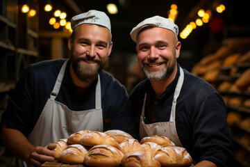 Two happy bakers showing trays of fresh buns in the kitchen of the bakery