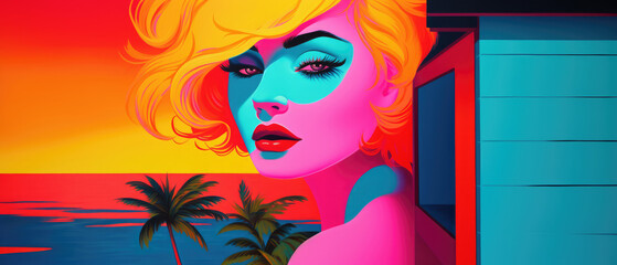 glamorous youthful beauty fused with tropical island fun soaking up the summer sun, colorful retro s