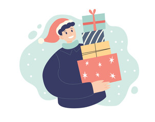 Wall Mural - Man with Christmas presents. Festive winter concept. Vector illustration in simple style