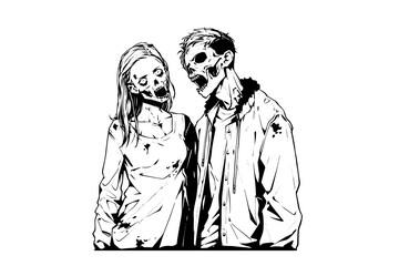 Sticker - Zombie love match pair hand drawn ink sketch. Woman and man zombies. Engraved style vector illustration