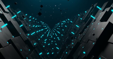 Poster - futuristic technology abstract background for tech business presentation, negative space in center, modern sci fi wallpaper, black and neon blue color, 3d rendered