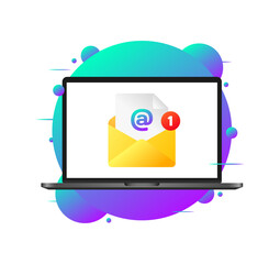 Poster - New message icon. Flat, color, laptop screen, new message in an envelope, new message. Vector icon