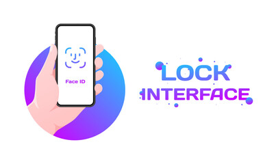Poster - Lock interface icon. Flat, color, phone in hand, face id, lock interface. Vector icon