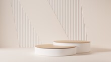White Empty Podium Or Pedestal For Product Presentation On Two Floors. Mockup Platform On Beige Background. 3d Rendering