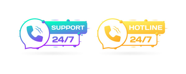 Poster - 24/7 support and hotline icons. Flat, color, 24/7 support button, handset icon, 24/7 hotline button. Vector icons