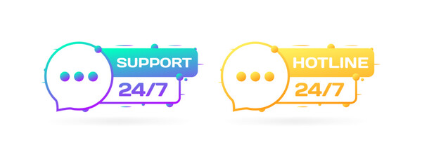 Poster - 24/7 support and hotline icons. Flat, color, 24/7 support button, 24/7 hotline button. Vector icons