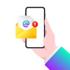 Poster - 1 new message. Flat, color, phone in hand, 1 new message, envelope with a message, phone screen. Vector illustration