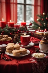 Wall Mural - Christmas cake with berries and cup of coffee on the background of the Christmas tree