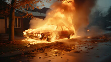 A Burning Car Against A Suburban Backdrop