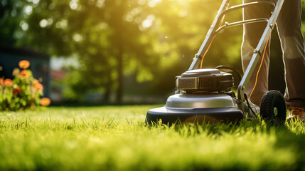 Wall Mural - Professional gardener is trimming grass by using the lawnmower