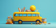 School bus with educational objects. On the background. Looks like toy