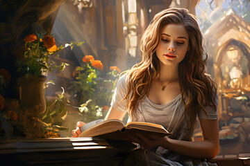 beautiful woman is studying in the library, reading a book in a calm atmosphere in the afternoon