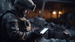 © standret - Soldier in professional uniform is holding tablet and analyzing data
