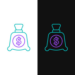 Poster - Line Money bag icon isolated on white and black background. Dollar or USD symbol. Cash Banking currency sign. Colorful outline concept. Vector