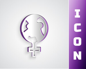 Sticker - Paper cut Feminism in the world icon isolated on grey background. Fight for freedom, independence, equality. Paper art style. Vector