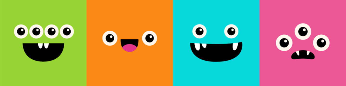 Monster face set line. Square head. Happy Halloween. Spooky Smiling Boo screaming sad face emotion. Cute character. Eyes, tongue, teeth fang, mouse. Flat design style. Baby kids background.