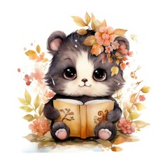 Cozy Learning Charm Watercolor Clipart of Cute Animal Reading a Book