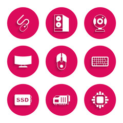 Poster - Set Computer mouse, Video graphic card, Processor with CPU, Keyboard, SSD, monitor screen, Web camera and icon. Vector