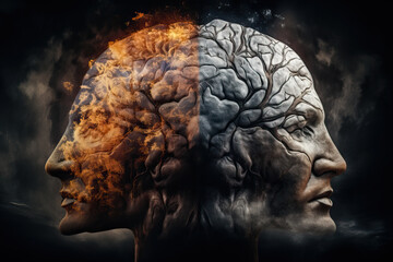 Poster - Double exposure human faces with brain and tree details