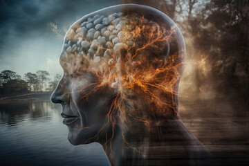 Poster - Multi exposure human face with abstract details with river and nature in the background