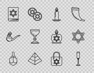 Wall Mural - Set line Hanukkah dreidel, Jewish goblet, Burning candle in candlestick, Egypt pyramids, torah book, Shopping bag with star of david and Star David icon. Vector