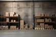 Warehouse or storage and shelves with cardboard boxes, interior
