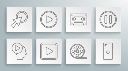 Wall Mural - Set line Head people with play button, Play in circle, square, Film reel, Smartphone, mobile phone, Retro audio cassette tape, Pause and Arrow cursor icon. Vector