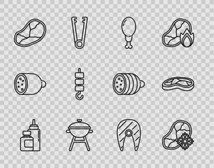 Sticker - Set line Sauce bottle, Fresh frozen steak meat, Chicken leg, Barbecue grill, Steak, Grilled shish kebab on skewer stick, Fish and icon. Vector