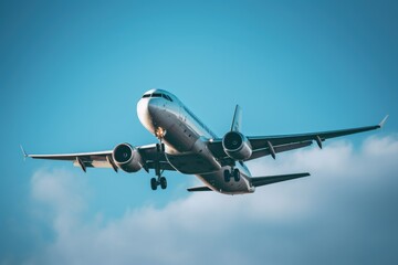 Poster - A picture of a large jetliner flying through a clear blue sky. Perfect for travel and aviation-related projects.