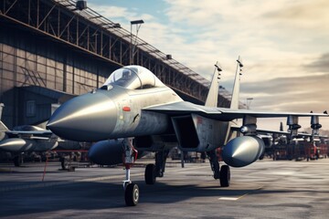 Poster - A fighter jet parked on the airport tarmac, ready for takeoff. Suitable for aviation and military-themed projects.