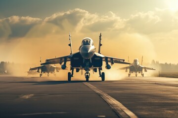 Poster - A group of fighter jets preparing for takeoff on an airport runway. This image can be used to depict military operations, air force training, or aviation industry themes.