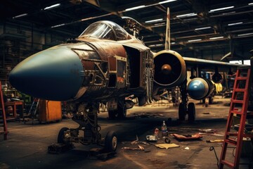 Poster - A fighter jet sitting inside of a hangar. This image can be used to depict military aviation, aircraft maintenance, or air force operations.