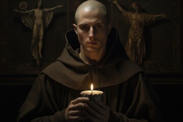 Poster - A man dressed in a monk's robes holds a candle, casting a warm glow in the darkness. This image can be used to depict spirituality, meditation, or a peaceful atmosphere.