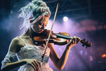 Poster - A woman dressed in a white dress playing a violin. This image can be used to depict elegance, musical performances, or artistic expressions.