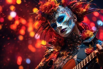 Poster - A woman holding a guitar in her hands. This image can be used to depict musicians, music lessons, or musical performances.