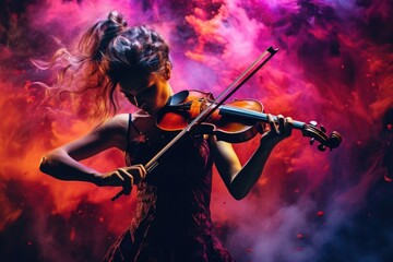 Poster - A woman is pictured playing a violin while wearing a dress. This image can be used to depict a musician or to convey the beauty of music.