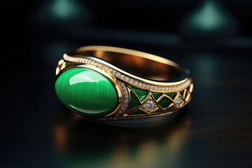 Poster - A stunning gold ring with a vibrant green stone at the center, elegantly surrounded by sparkling diamonds. Perfect for engagements, anniversaries, or any special occasion.