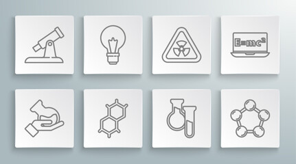 Poster - Set line Test tube and flask, Light bulb with concept of idea, Chemical formula, Molecule, Triangle radiation, Equation solution and Telescope icon. Vector