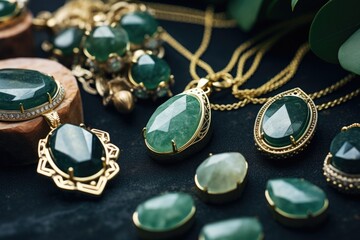 Poster - A collection of beautiful green and gold jewelry displayed on a table. Perfect for showcasing luxury accessories or adding a touch of elegance to any design project.