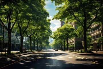 Poster - A picture of a city street lined with tall green trees. This image can be used to depict a peaceful and scenic urban environment.