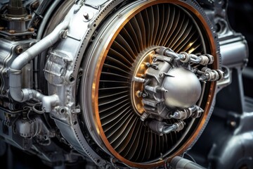Poster - A detailed close up view of a jet engine, showcasing its intricate machinery and components. Perfect for aviation enthusiasts or educational materials on aircraft technology.