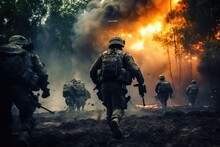 A Group Of Soldiers Walking Through A Forest. This Image Can Be Used To Depict Military Training Exercises, A Scene From A War Movie, Or As A Representation Of Teamwork And Determination.
