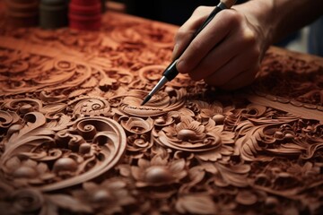 Poster - A close-up view of someone diligently working on a piece of wood. This image captures the focused attention and skill involved in woodworking. Ideal for showcasing craftsmanship and the art of creatin
