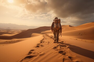 Poster - A man with a backpack walking in the desert. Perfect for travel and adventure themes.