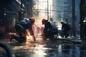 Poster - Two men are diligently working on a fire hydrant. This image can be used to depict maintenance, repairs, or urban infrastructure.