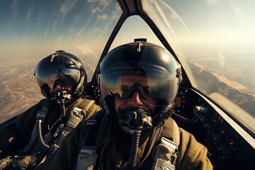 Poster - A picture of two pilots inside the cockpit of a fighter jet. This image can be used to depict the intense and focused environment of military aviation. It is suitable for publications related to aviat